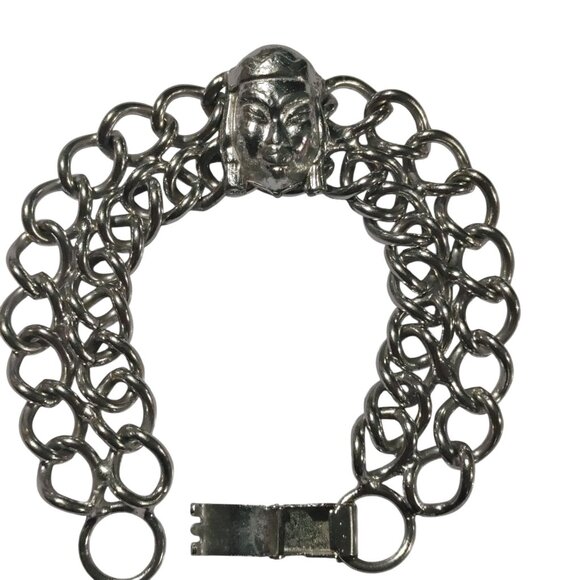 Vintage Silver Tone Chain Bracelet Interlocking Links Figural Face Clasp - Picture 1 of 8